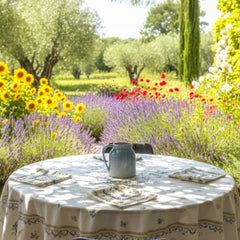 Round coated cotton tablecloth in white with polychrome and blue Provençal motifs, featuring birds, butterflies, and floral designs inspired by traditional Moustiers faience