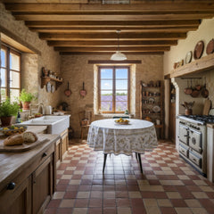 Round coated cotton tablecloth in white with polychrome and blue Provençal motifs, featuring birds, butterflies, and floral designs inspired by traditional Moustiers faience
