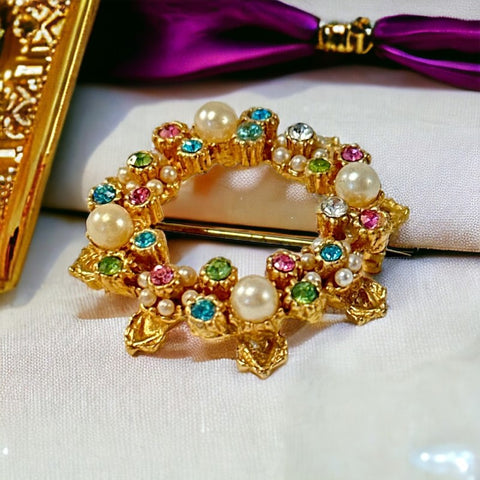 Vintage Multicolor Rhinestones Pearls Floral Wreath Brooch