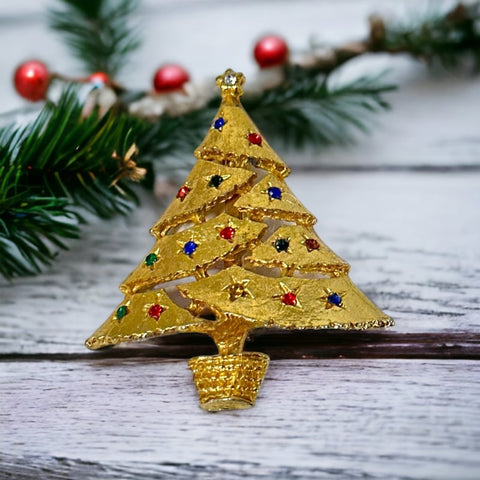 Vintage Multicolor Rhinestones Gold Tone Christmas Tree Brooch