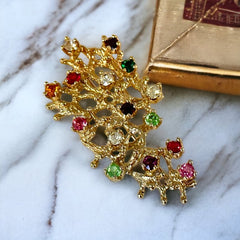 Vintage Brutalist Style Multicolor Rhinestones Gold Plated Branch Brooch