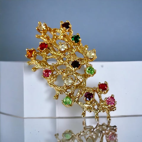 Vintage Brutalist Style Multicolor Rhinestones Gold Plated Branch Brooch