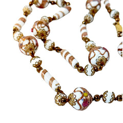 Vintage Venetian Murano Glass White Floral Wedding Cake Bead Long Necklace