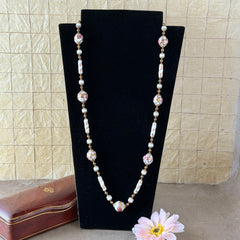 Vintage Venetian Murano glass long necklace with white Fiorato wedding cake beads and copper foil swirl cylinders. Hand‑knotted, 1950s craftsmanship, exquisite detail, and timeless Venetian artistry.