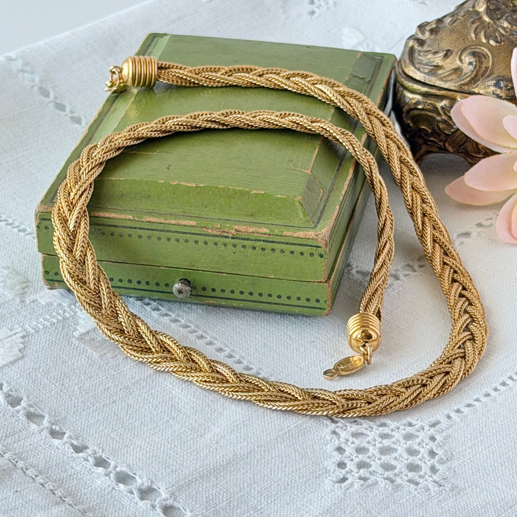 Vintage Napier 1995 Legacy Collection gold‑plated braided foxtail chain necklace with signed oval hangtag and lobster clasp.
