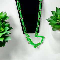 Vintage 1980s Neon Green &amp; Textured Gold Tone Links Extra Long Necklace – Bold &amp; Modern Fun