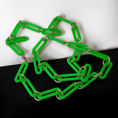 Vintage 1980s Neon Green &amp; Textured Gold Tone Links Extra Long Necklace – Bold &amp; Modern Fun