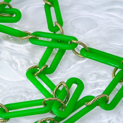 Vintage 1980s Neon Green &amp; Textured Gold Tone Links Extra Long Necklace – Bold &amp; Modern Fun