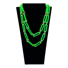 Vintage 1980s Neon Green &amp; Textured Gold Tone Links Extra Long Necklace – Bold &amp; Modern Fun