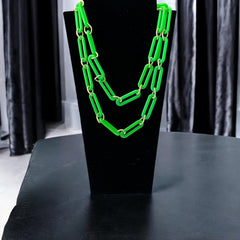 Vintage 1980s Neon Green &amp; Textured Gold Tone Links Extra Long Necklace – Bold &amp; Modern Fun