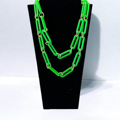 Vintage 1980s Neon Green &amp; Textured Gold Tone Links Extra Long Necklace – Bold &amp; Modern Fun