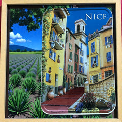 French holiday tin gift box with two mini Marseille soaps and a lavender sachet nestled in crinkle paper, available in Paris, Nice, or Côte d’Azur designs — a festive surprise gift from France.