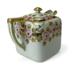 Antique Nippon Morimura Brothers square porcelain creamer with lid, hand-painted pink roses, gold moriage accents, and faded green maker’s mark on base.