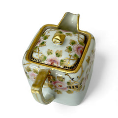 Antique Nippon Morimura Brothers square porcelain creamer with lid, hand-painted pink roses, gold moriage accents, and faded green maker’s mark on base.