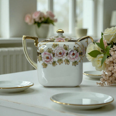 Antique Nippon Morimura Brothers square porcelain creamer with lid, hand-painted pink roses, gold moriage accents, and faded green maker’s mark on base.