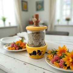 Provence hand-painted ceramic herb grinder with a yellow base featuring black olive and green leaf design, filled with dried Herbes de Provence. 
