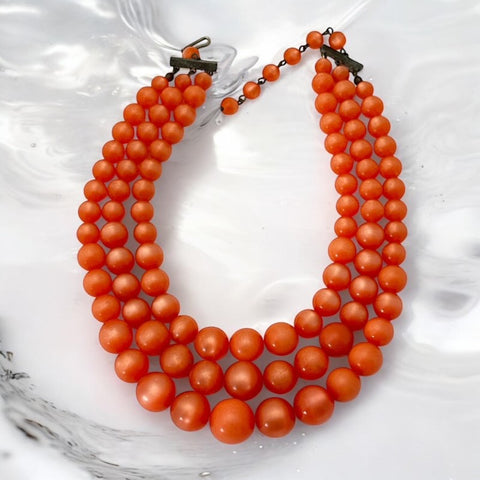 Vintage Orange Moonglow Lucite 3-Strand Necklace (1950s)