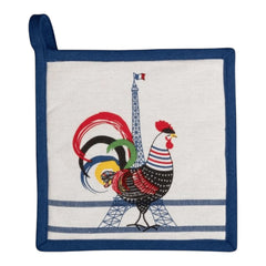 French oven mitt with printed rooster and Eiffel Tower design, blue stripes, and 'French Cocorico' text on eco-friendly fabric.