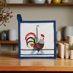 French oven mitt with printed rooster and Eiffel Tower design, blue stripes, and 'French Cocorico' text on eco-friendly fabric.