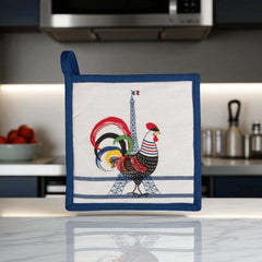 French oven mitt with printed rooster and Eiffel Tower design, blue stripes, and 'French Cocorico' text on eco-friendly fabric.