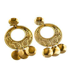Vintage 1980s gold‑tone circle dangle post earrings with embossed paisley design and dangling discs, displayed on original Impressions card.