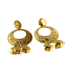 Vintage 1980s gold‑tone circle dangle post earrings with embossed paisley design and dangling discs, displayed on original Impressions card.