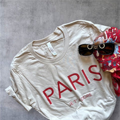 Chic and Fun "Paris Je T'Adore" French-Themed Tan Tee