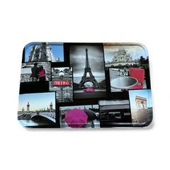 French holiday tin gift box with two mini Marseille soaps and a lavender sachet nestled in crinkle paper, available in Paris, Nice, or Côte d’Azur designs — a festive surprise gift from France.