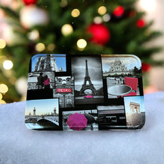 French holiday tin gift box with two mini Marseille soaps and a lavender sachet nestled in crinkle paper, available in Paris, Nice, or Côte d’Azur designs — a festive surprise gift from France.