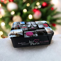 French holiday tin gift box with two mini Marseille soaps and a lavender sachet nestled in crinkle paper, available in Paris, Nice, or Côte d’Azur designs — a festive surprise gift from France.