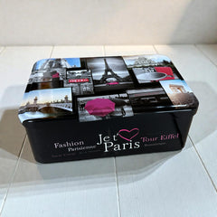 French holiday tin gift box with two mini Marseille soaps and a lavender sachet nestled in crinkle paper, available in Paris, Nice, or Côte d’Azur designs — a festive surprise gift from France.