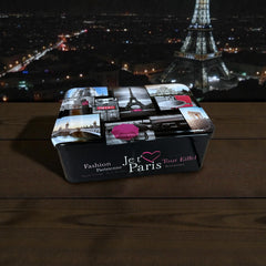 French holiday tin gift box with two mini Marseille soaps and a lavender sachet nestled in crinkle paper, available in Paris, Nice, or Côte d’Azur designs — a festive surprise gift from France.