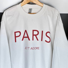 Cozy and Stylish "Paris Je T'Adore" French-Themed White Sweatshirt