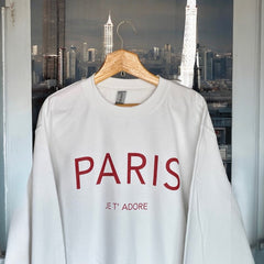 Cozy and Stylish "Paris Je T'Adore" French-Themed White Sweatshirt