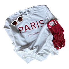 Cozy and Stylish "Paris Je T'Adore" French-Themed White Sweatshirt