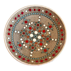 Vintage French studio pottery bowl by Paul Dordet, hand-formed in textured buff clay with red, white, and blue glazed circular motifs; signed on the underside and shown with hanging wire for optional wall display.
