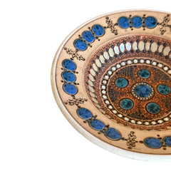 Rare vintage French studio pottery bowl by Paul Dordet, featuring textured buff and terracotta clay with blue and white glazed circles in an orientalist pattern; signed on the underside and suitable for display flat or wall-hung.