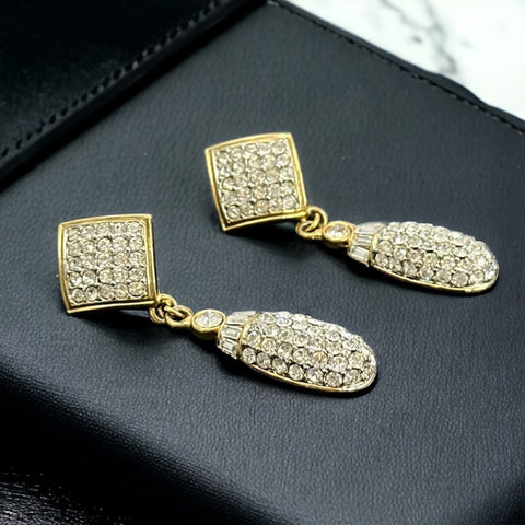 Vintage 1990s Pavé Rhinestones Dangle Pierced Earrings