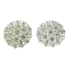 Vintage Pearlized Plastic & Clear Rhinestones Flower Clip-on Earrings