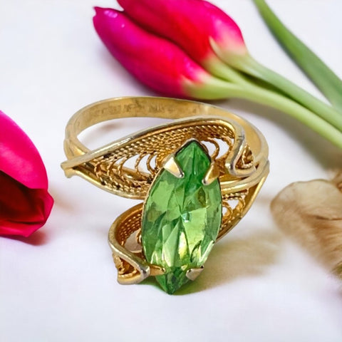 Vintage 14K Gold Overlay Peridot Navette Cannetille Ring