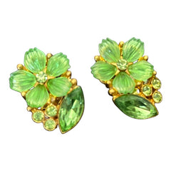 Vintage Peridot Rhinestones Enamel Gold Tone Floral Spray Jewelry Set