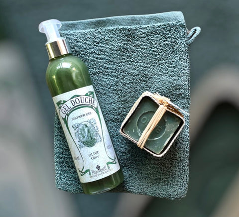 Olive Marseille Soap, Olive Shower Gel &amp; French Washcloth Gift Set