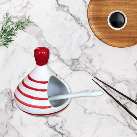 Red Stripes Ceramic Salt Cellar with Spoon