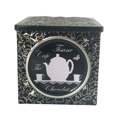 French black matelassé metal tea cube tin with silver accents and a pink teapot motif by Moldeo