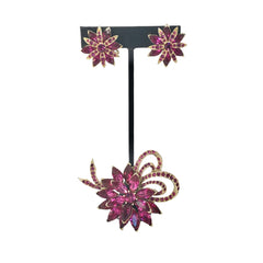 Vintage Weiss fuchsia rhinestone floral brooch and matching clip‑on earrings in light gold tone with layered petal design.