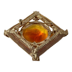 Vintage Topaz Givre Rhinestone Gold Plated Mesh Square Brooch