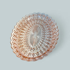 Vintage Jeanette Pink Depression Glass Holiday Buttons & Bows Oval Platter