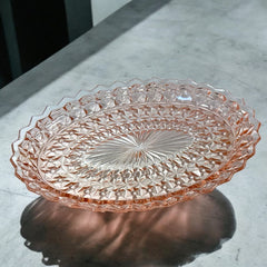 Vintage Jeanette Pink Depression Glass Holiday Buttons & Bows Oval Platter