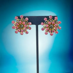Vintage Pink & Light Colorado Rhinestones Light Gold Tone Floral Clip-on Earrings