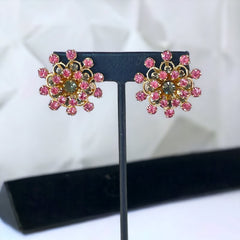 Vintage Pink & Light Colorado Rhinestones Light Gold Tone Floral Clip-on Earrings